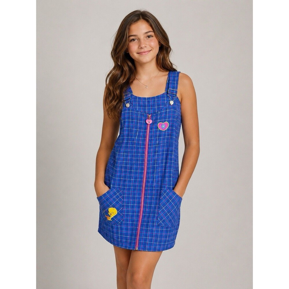 Vtg Looney Tunes Blue Plaid Zip Up Overall Dress Embroidered Tweety Girls 14/16